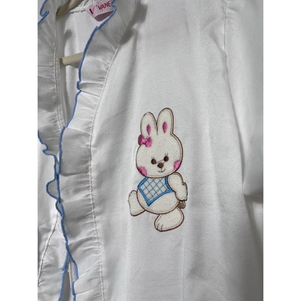 Vintage Bunny Ruffle Robe Housecoat Kawaii Cottagecore White Novelty Open Front - Picture 3 of 11